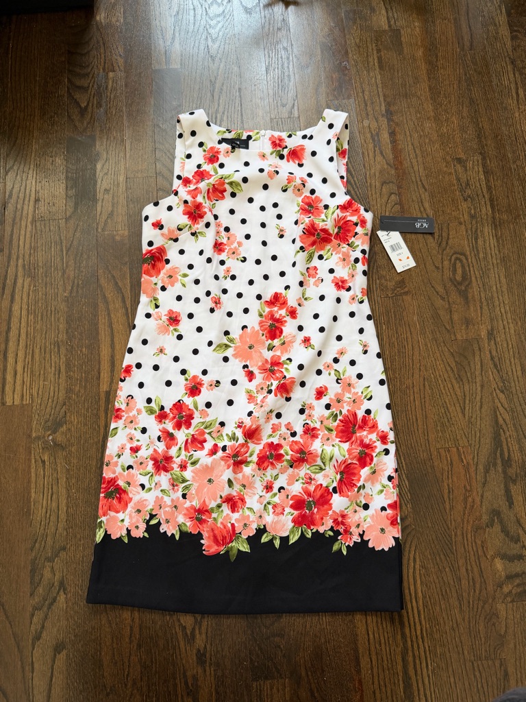 Agb White Dress With Red Floral & Black Polka Dots